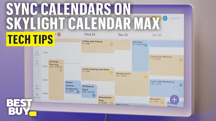 Text reads: "Sync Calendars on Skylight Calendar Max. Tech Tips. Best Buy." There is a digital calendar display mounted on a wall with several events displayed.